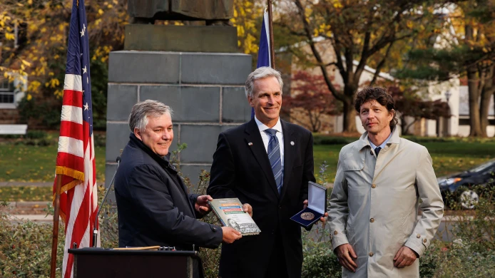 A ceremony held at Moravian University near the J. A. Comenius statue commemorated the 30th anniversary of the monument’s rededication by President Václav Havel