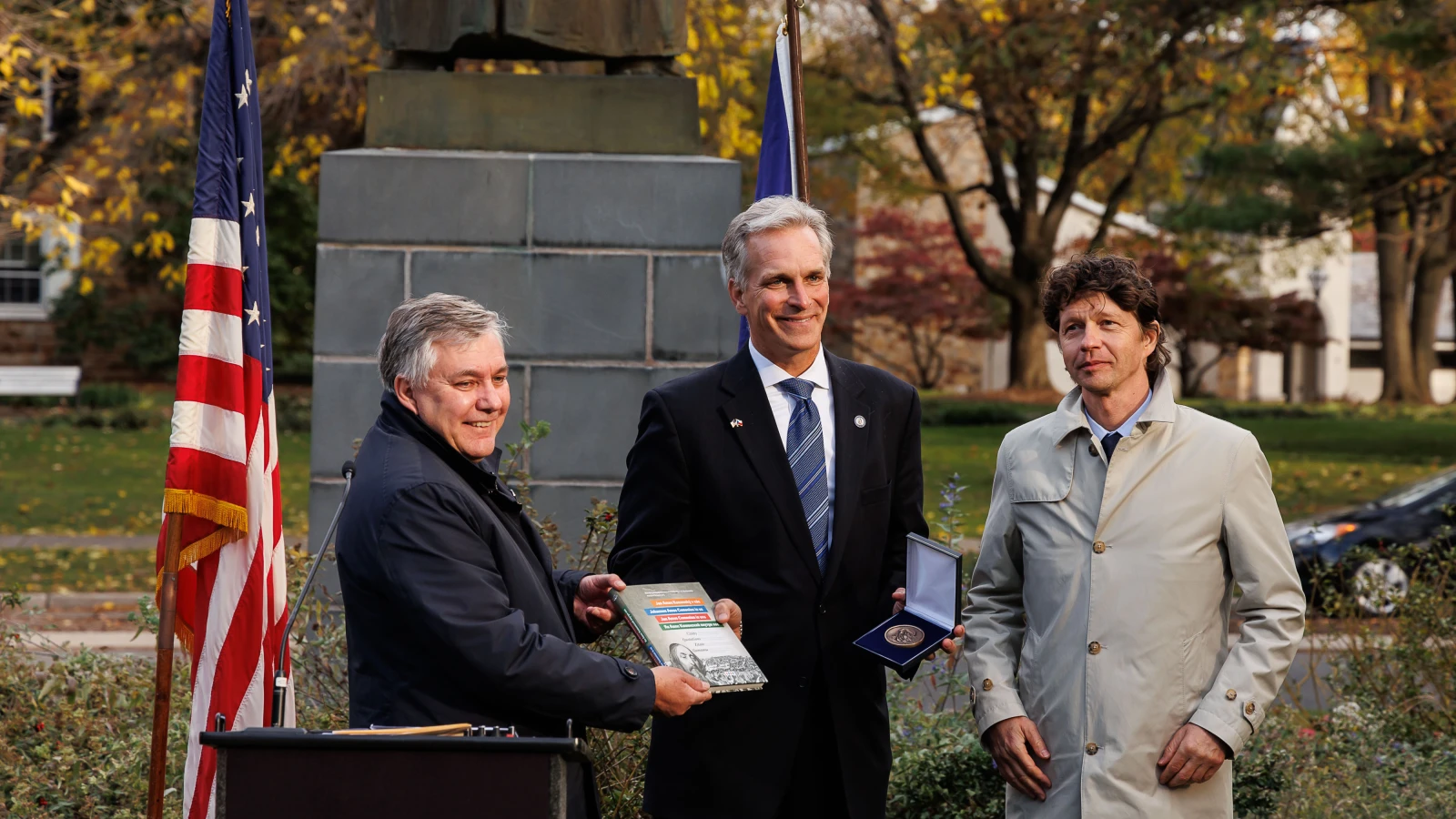 A ceremony held at Moravian University near the J. A. Comenius statue commemorated the 30th anniversary of the monument’s rededication by President Václav Havel