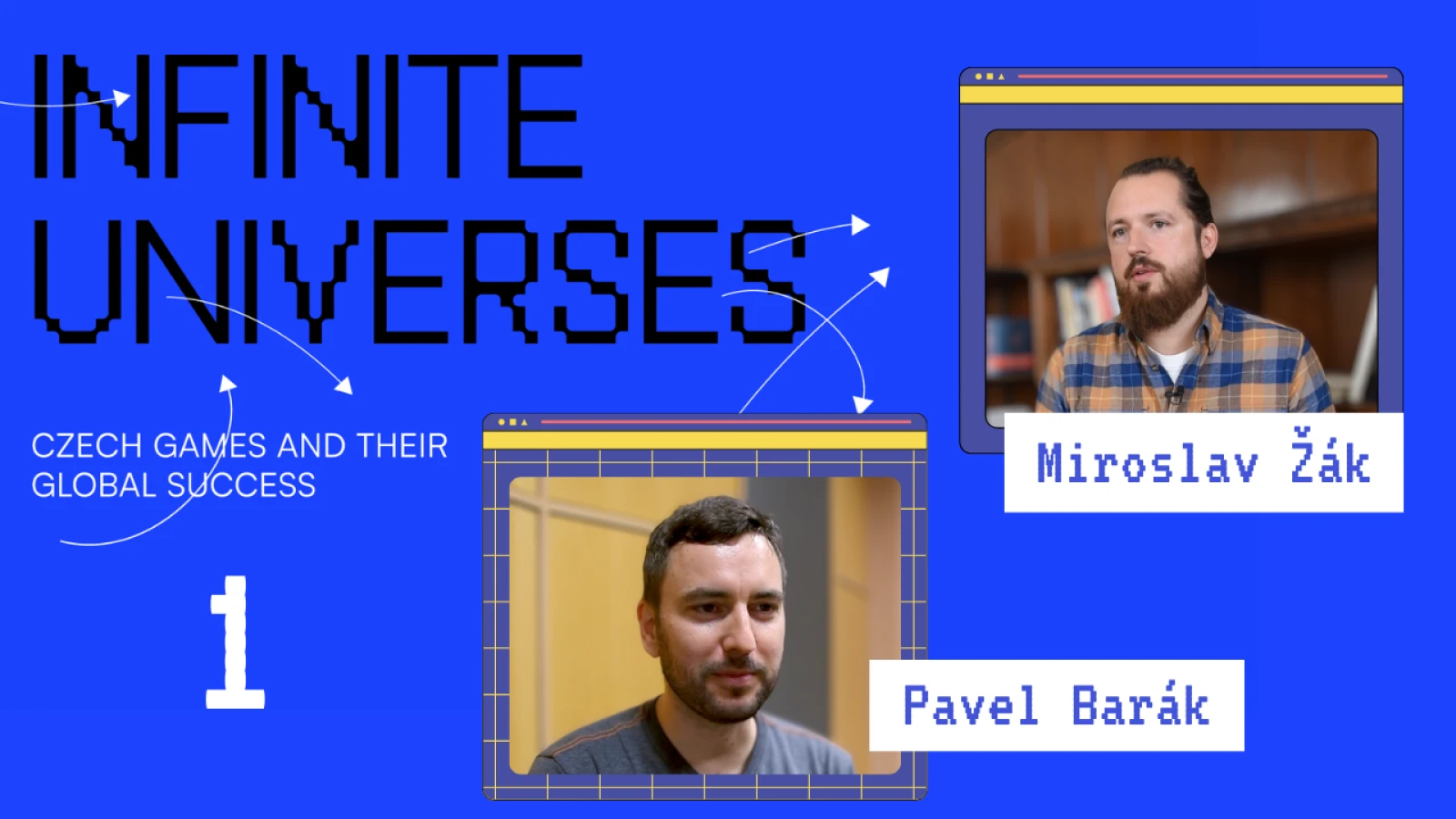 Modrý thumbnail s herní pixelovou grafikou pro youtube video z herné výstavy Infinite Universes