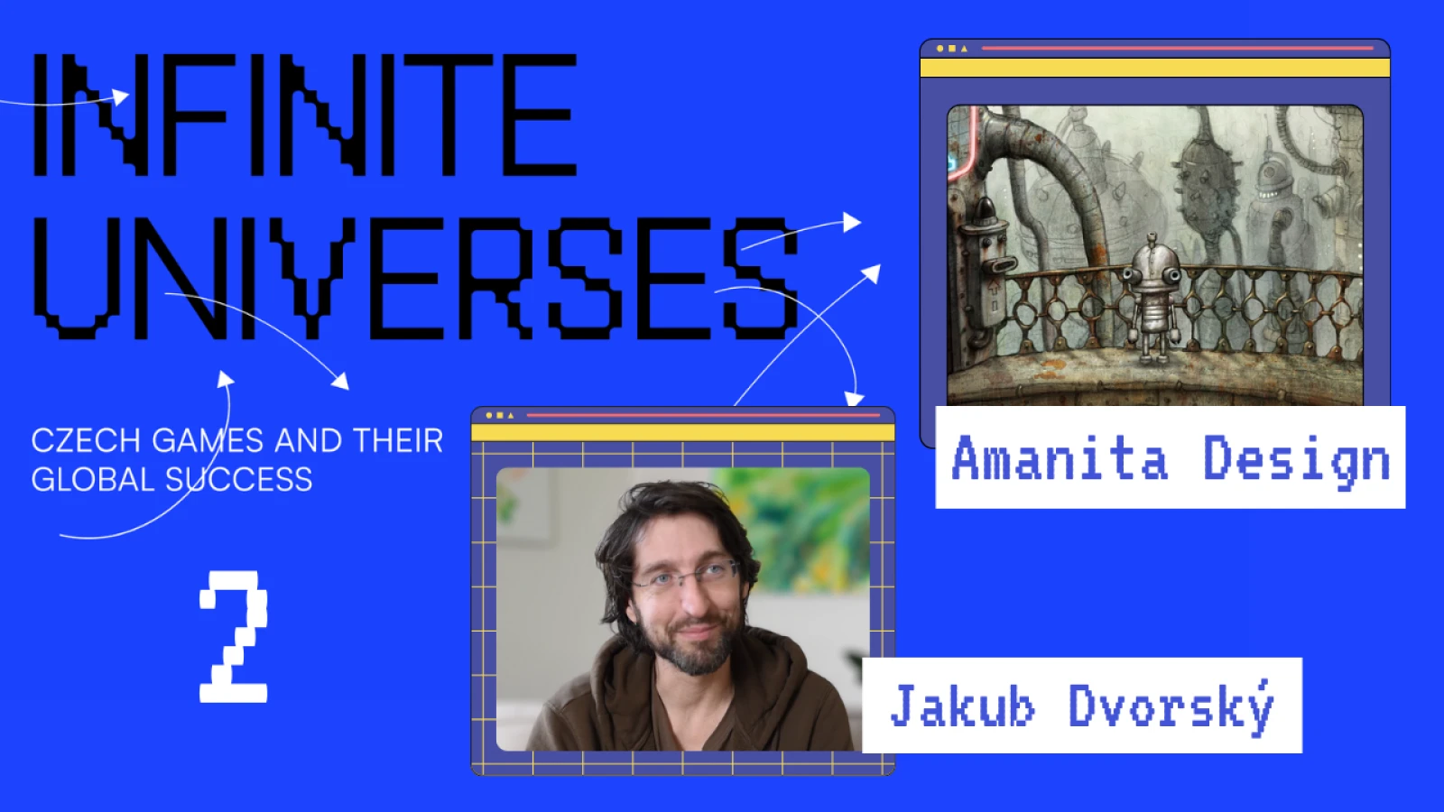 Modrý thumbnail s herní pixelovou grafikou pro youtube video z herné výstavy Infinite Universes