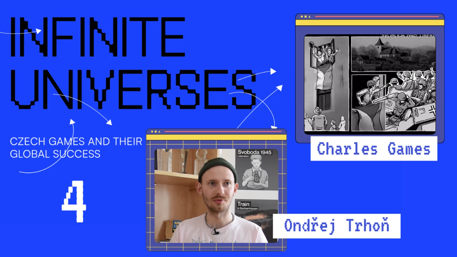Modrý thumbnail s herní pixelovou grafikou pro youtube video z herné výstavy Infinite Universes