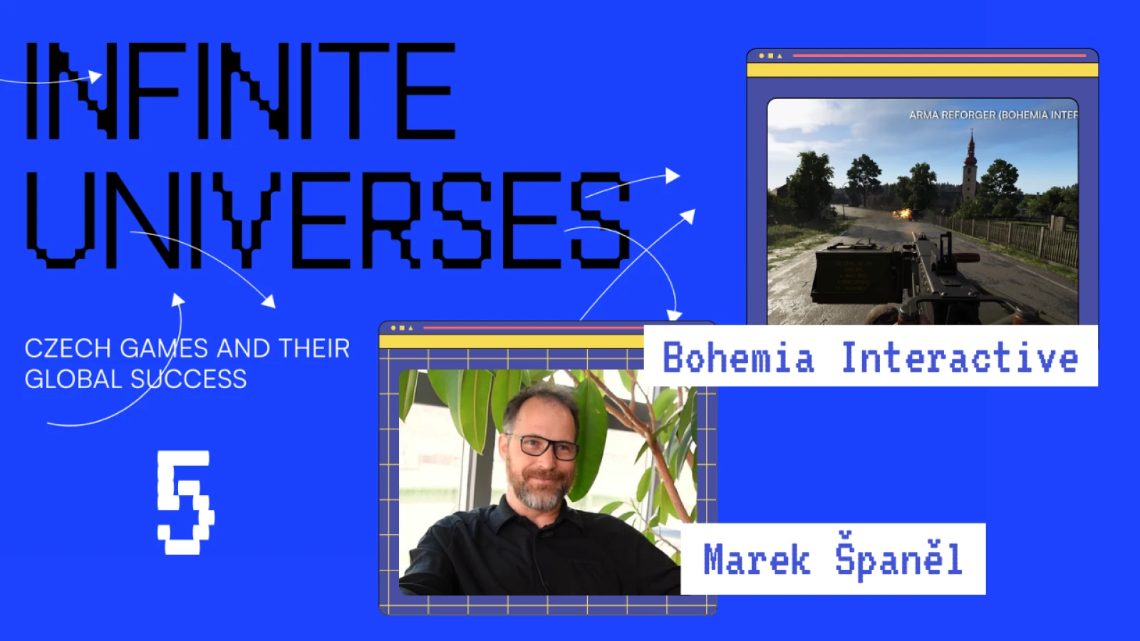 Modrý thumbnail s herní pixelovou grafikou pro youtube video z herné výstavy Infinite Universes