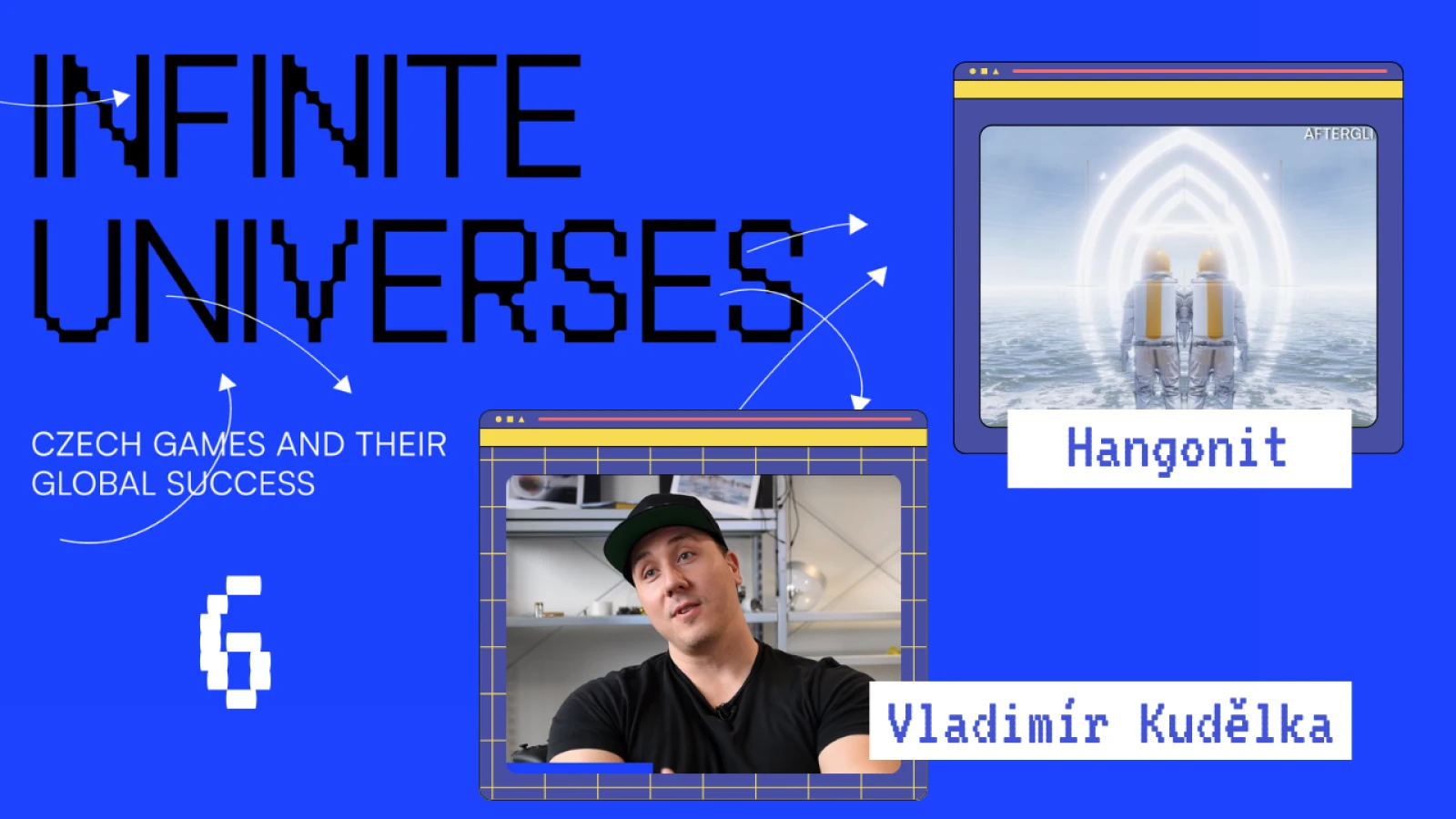 Modrý thumbnail s herní pixelovou grafikou pro youtube video z herné výstavy Infinite Universes