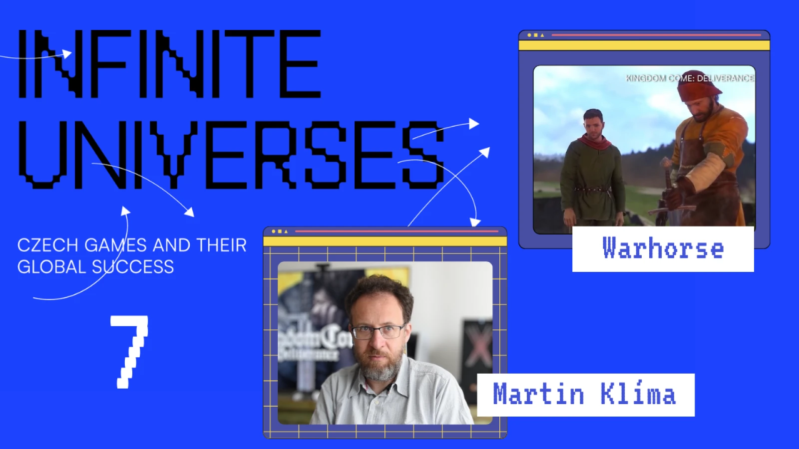Modrý thumbnail s herní pixelovou grafikou pro youtube video z herné výstavy Infinite Universes